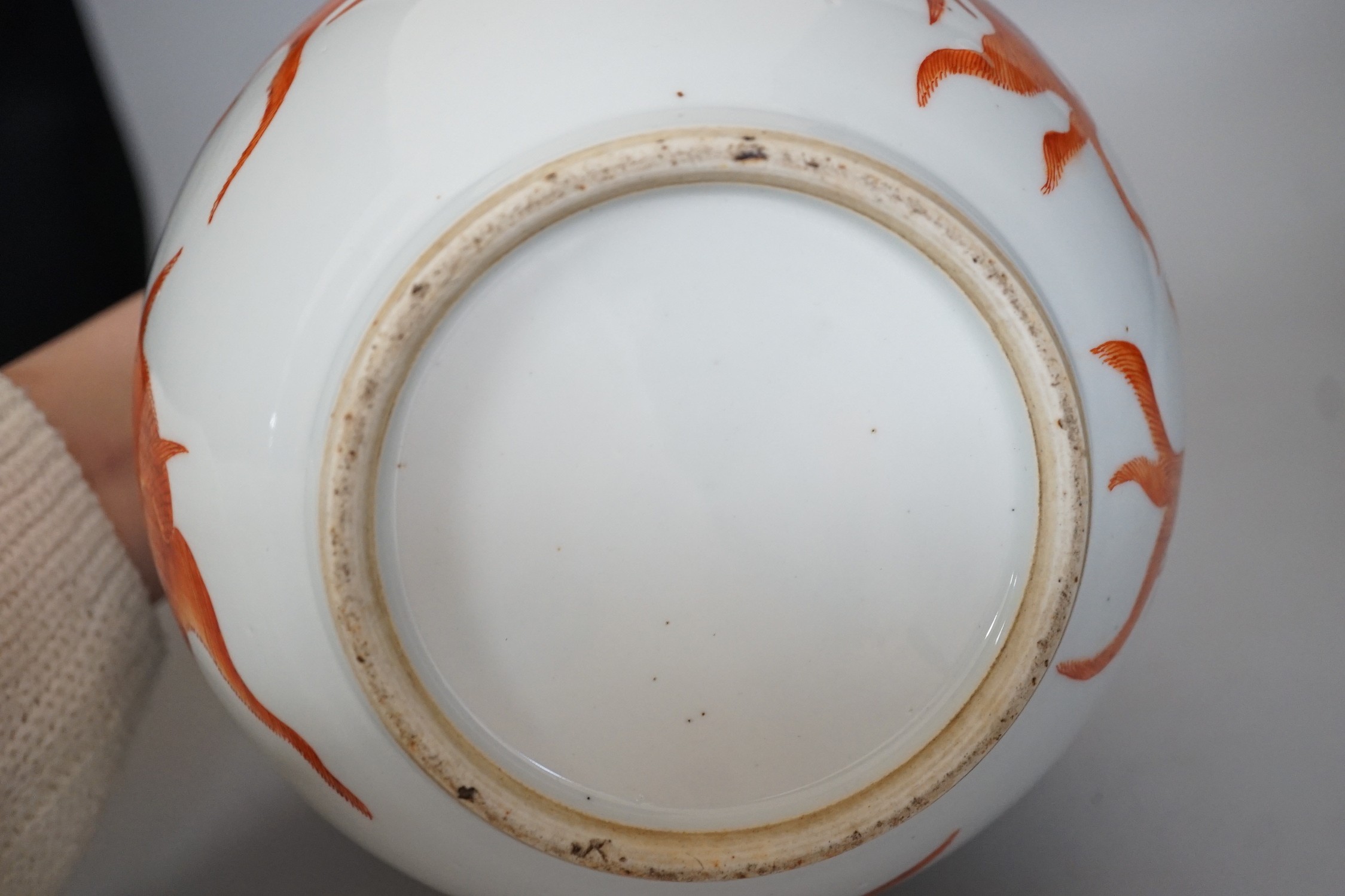 A Chinese iron red enamelled goldfish bottle vase. 35cm tall